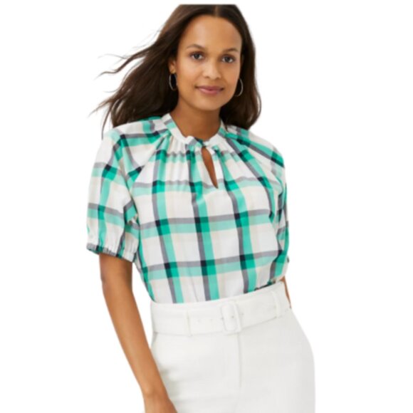 Ann Taylor Green & White Plaid Peasant Top Blouse Large - Picture 1 of 9